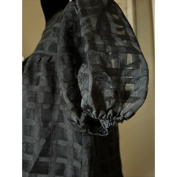 English Factory Puffy Sleeve Black Dress window pane semi sheer lined tired sz S - Picture 7 of 16
